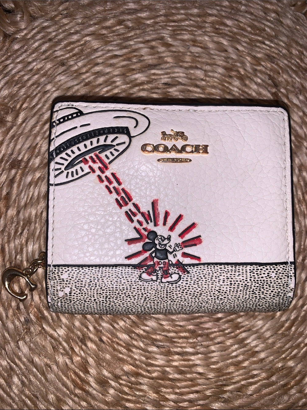 Coach + Disney Mickey Mouse + Keith Haring White Leather UFO Graphic Snap Wallet